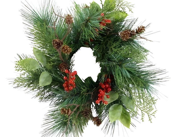 12" Christmas Candle Ring Wreath, Pine & Berry Candle Ring, Pillar Candle Ring, Christmas Winter Table Centerpiece Decor, Floral Supply