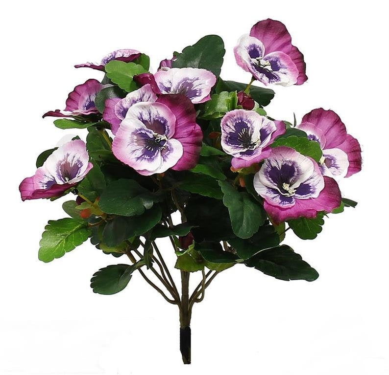 May include: A bouquet of artificial purple and white pansies with green leaves. The pansies have a white center with purple edges and a dark purple center.