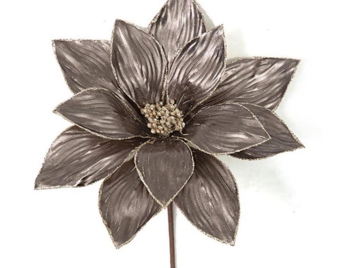 23" Christmas Poinsettia Flower Stems - Metallic Bronze with Beaded Trim