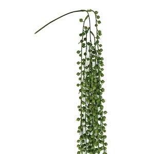 May include: A long strand of artificial green string of pearls plant. The plant is hanging down and has small round green leaves.
