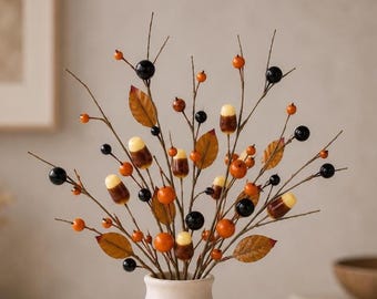 Primitive Candy Corn and Leaves Fall Floral Pick on Stem, DIY Floral Supply, 12 inch