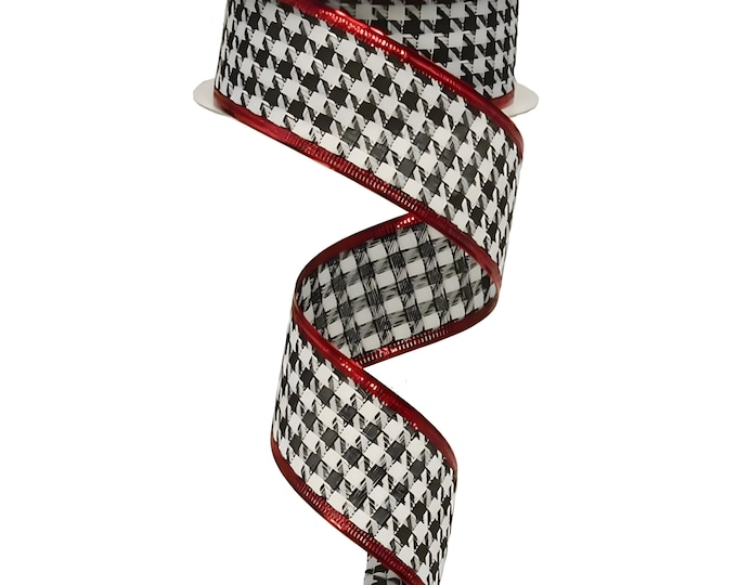 Houndstooth Ribbon with Crimson Edge - Wired - CHOOSE 1.5" or 2.5" x 10 YDS