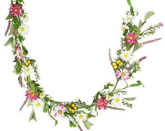 5 FT Artificial Spring Garland w/ Butterflies, Daisies, Heather-Floral Garland-DIY Floral Supply for Wreath, Mantle, Stairs, Entryway, Table