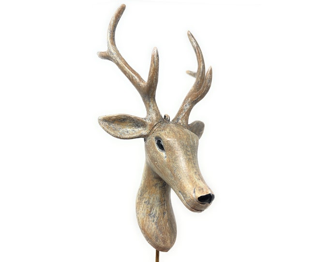 Faux Deer Head Pick on Stem Wood Grain for Wreath Attachment Christmas Decor Cake Topper - 10"