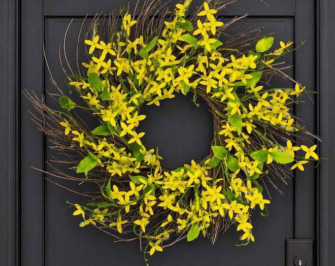 Forsythia Wreath, Spring or Summer Wispy Floral Front Door Decor - 22"