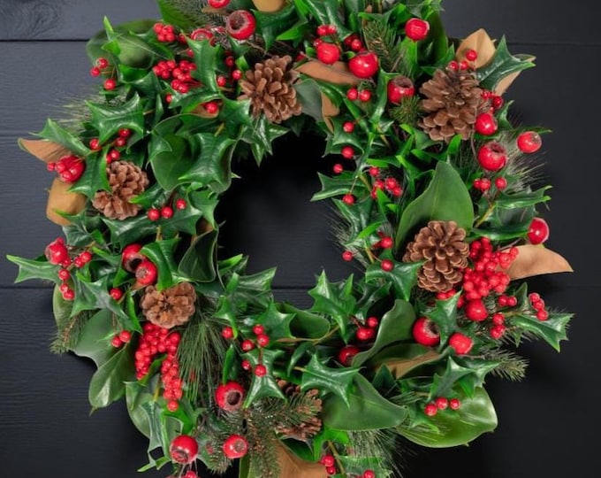 Magnolia Holly & Red Berry Christmas Wreath - 24"