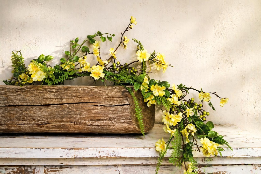 Spring Greenery Garland With Yellow Flowers, Fern and Wispy Twig ...
