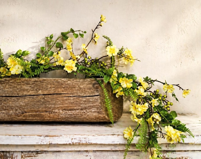 Spring Greenery Garland with Yellow Flowers, Fern and Wispy Twig Accents - 5 Feet