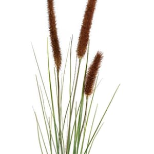 May include: Artificial ornamental grass with brown, textured seed heads and long, thin green blades. The faux plant is set against a white background, creating a clean and natural aesthetic. Ideal for home decor.