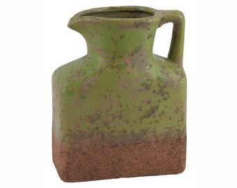 9" Rustic Stoneware Pitcher w/ Handle in Antique Green/Beige-Farmhouse Decor-Rustic Decor-Floral Vase-Floral Container-Floral Supply