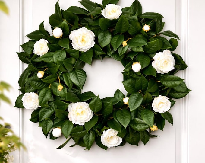 26" White Camellia Flower Wreath, Elegant Summer Front Door Decor