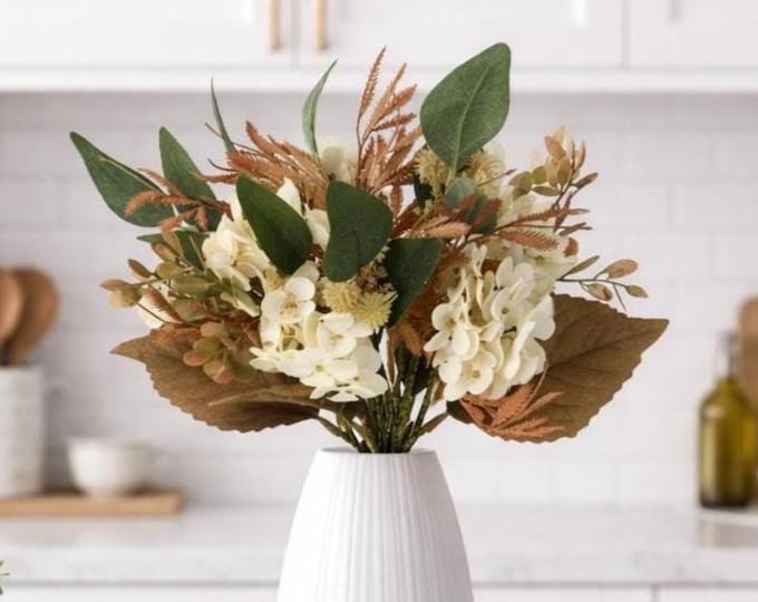 Hydrangea Flower Bundle Bouquet, Antique Brown/Cream Artificial Flowers - 14"