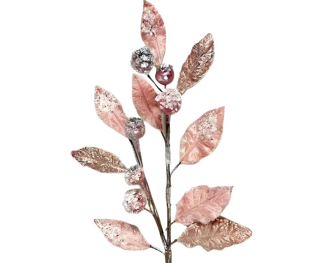 30" Pink Magnolia Leaf on Stem Iced with Pomegranate Accents in Blush Pink and Silver, Valentines Day Decor