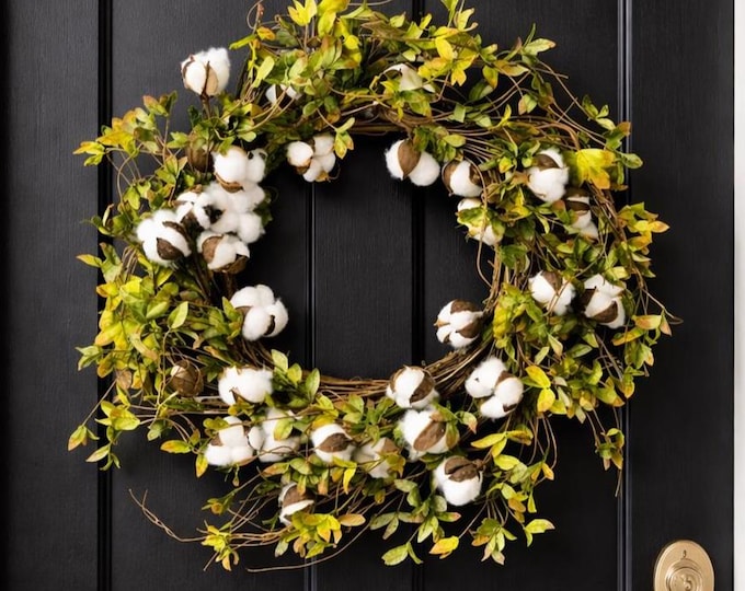 Farmhouse Cotton Blossom Wreath, Greenery Twig Wreath, Rustic Style - 24"