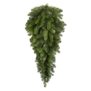 May include: A cascading, artificial evergreen swag with a metal hanging loop. The swag is composed of dense, realistic-looking green pine needles, creating a full and textured appearance. Ideal for seasonal decor, it offers a natural aesthetic.