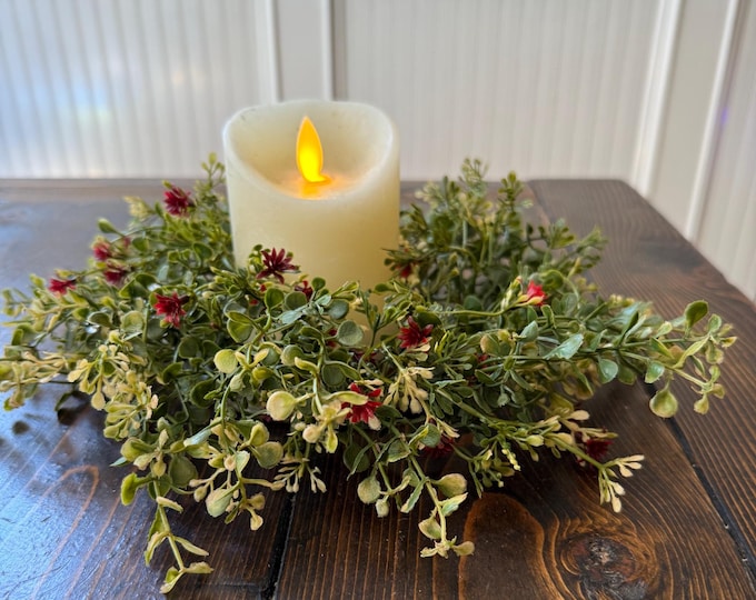 Baby's Grass Greenery Candle Ring Wreath with Ruby Red Flowers, Everyday Pillar Candle Ring Holder Table Centerpiece Decor, Floral Supply