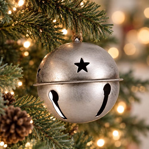 Rustic Christmas Jingle Bell Ornament with Jute Hanger - Antique Silver - 4.75"