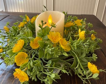 Evening Primrose Candle Ring, Summer Table Centerpiece, Floral Decor