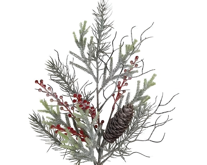 18" Artificial Pine Stems with Twig Berry Pinecone Accents, Frosted, Christmas Stems, Winter Greenery, Floral Supply