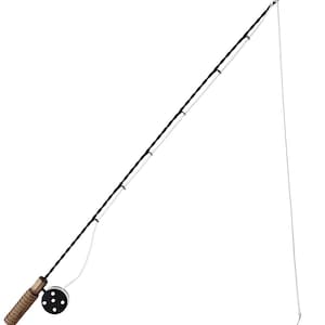 May include: A fishing rod with a wooden handle and a black and white rod. The reel is black with white dots. A fishing line extends from the rod to a hook.