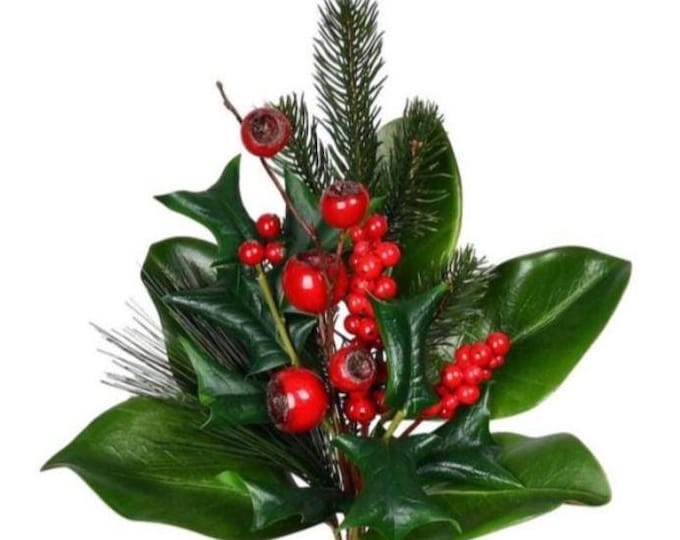 Magnolia Christmas Stems with Berries, Holiday Winter Greenery - 19"