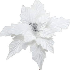 Large White Velvet Poinsettia Flower, Velvet Poinsettia Stems with Glitter Edge Petals, Holiday Decor