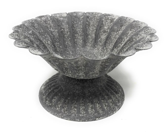 Small Rustic Metal Pedestal Urn With Scalloped Edges, French Decor, Vintage Inspired