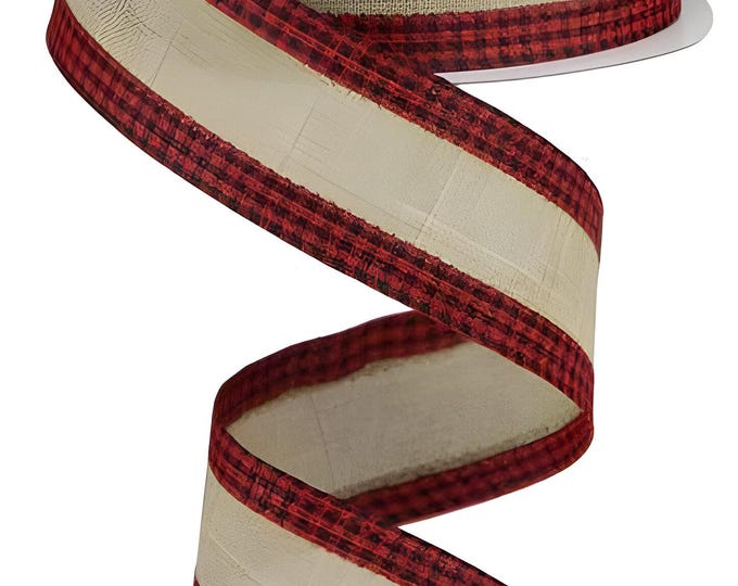 1.5" x 10 YDS WIRED Royal Burlap Beige Red/Black Gingham Edge-Christmas Ribbon for DIY Wreaths/Bows Holiday Decor-Christmas Decor
