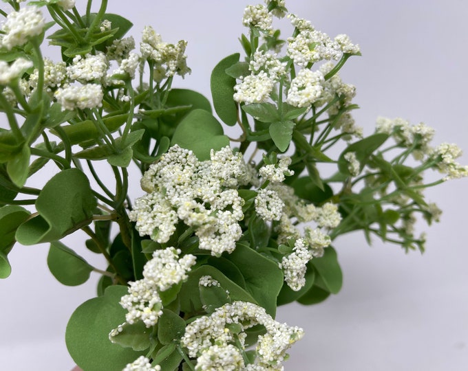 11" Artificial Heather Bush on Stem in Cream White
