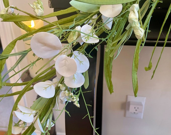 Spring Garland, Summer Garland, White Wildflowers and Silver Dollar Grass Garland