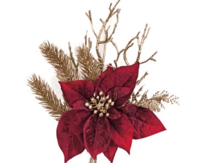 Red Poinsettia Flower Bundle with Metallic Champagne Twigs, Christmas Artificial Flowers for Holiday Centerpieces & Floral Arrangements