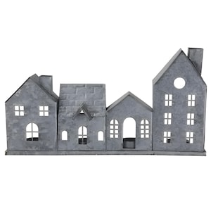 14.75&quot; Row of Rustic Metal Houses Christmas Village House Lanterns for Centerpiece Mantel or Wreath Attachment
