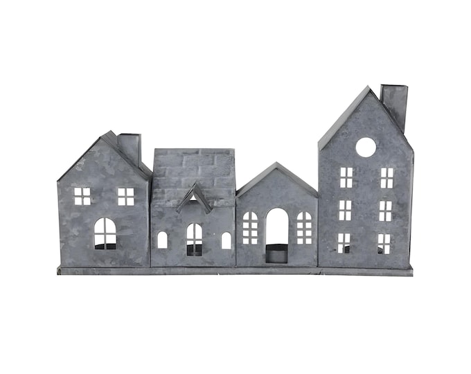 14.75" Row of Rustic Metal Houses Christmas Village House Lanterns for Centerpiece Mantel or Wreath Attachment