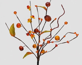 Faux Fall Berry Branch Stems with Pumpkins, Leaves and Wispy Twigs