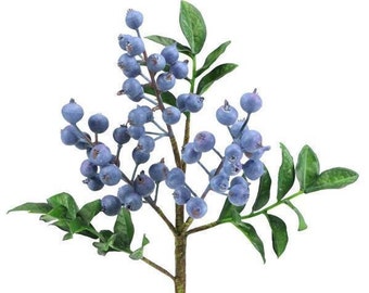 14" Faux Blueberry and Leaf Pick for Floral Arrangement, Artificial Fruit, Vase Filler, Bouquet Filler