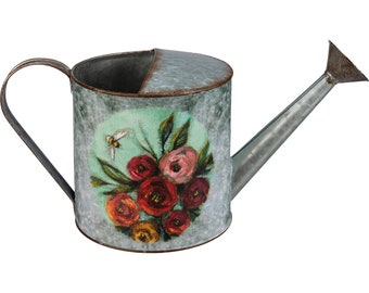 14.25" Rustic Watering Can-Distressed Galvanized with Spout and Floral Design-Farmhouse Decor-Rustic Decor-Mother's Day Gift