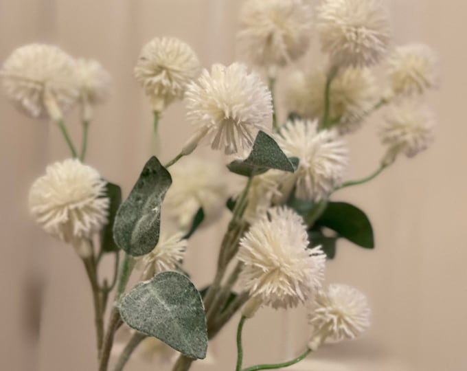 27" Faux Thistle Spray on Stem in White, Artificial Flower, Vase Filler, Floral Supply