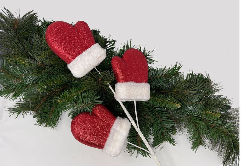 28 Christmas Spray-Glittered Mittens w/ Fur-Christmas Floral for Christmas Tree Wreath or Vase-Christmas Decor-Holiday Decor-Floral Supply image 5