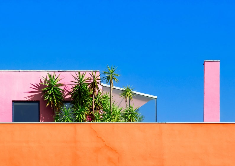 May include: A vibrant architectural scene featuring a pink building with a flat roof, a matching chimney, and an orange wall. Green plants add a natural contrast against the bright blue sky. The building has a modern design.
