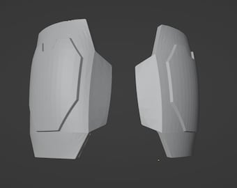 May include: A pair of white, 3D printed, geometrically shaped knee pads. The pads have a smooth, rounded surface and a textured, slightly raised design.