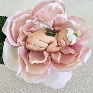 Hand Sculpted OOAK sleeping Baby, miniature fairy baby sleeping on a flower, mini newborn baby, original art doll, Butterfly sleeping baby