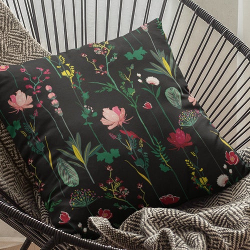 Botanical Black Floral Throw Pillow Cover Black Floral Etsy