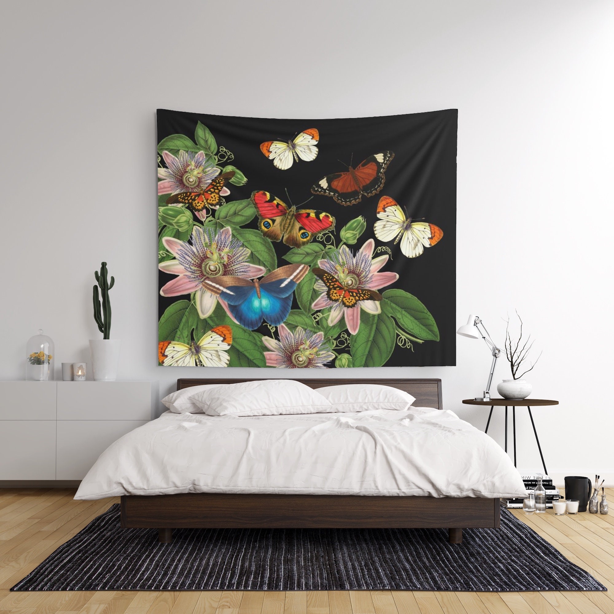 Botanical Butterfly Tapestry Black Floral Wall Hanging Etsy Hong Kong