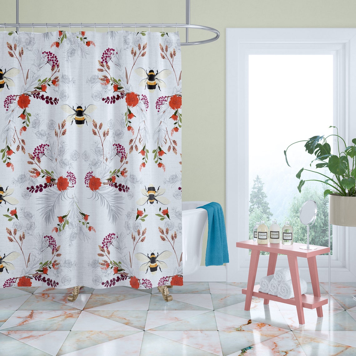 Floral Bumble Bee Pattern Shower Curtain Botanical Shower Etsy