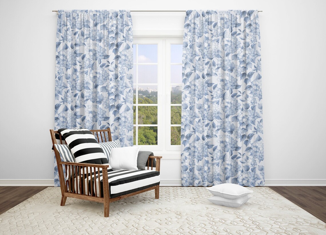 Blue Farmhouse Hydrangea Flower Curtains Vintage Blue Floral Etsy