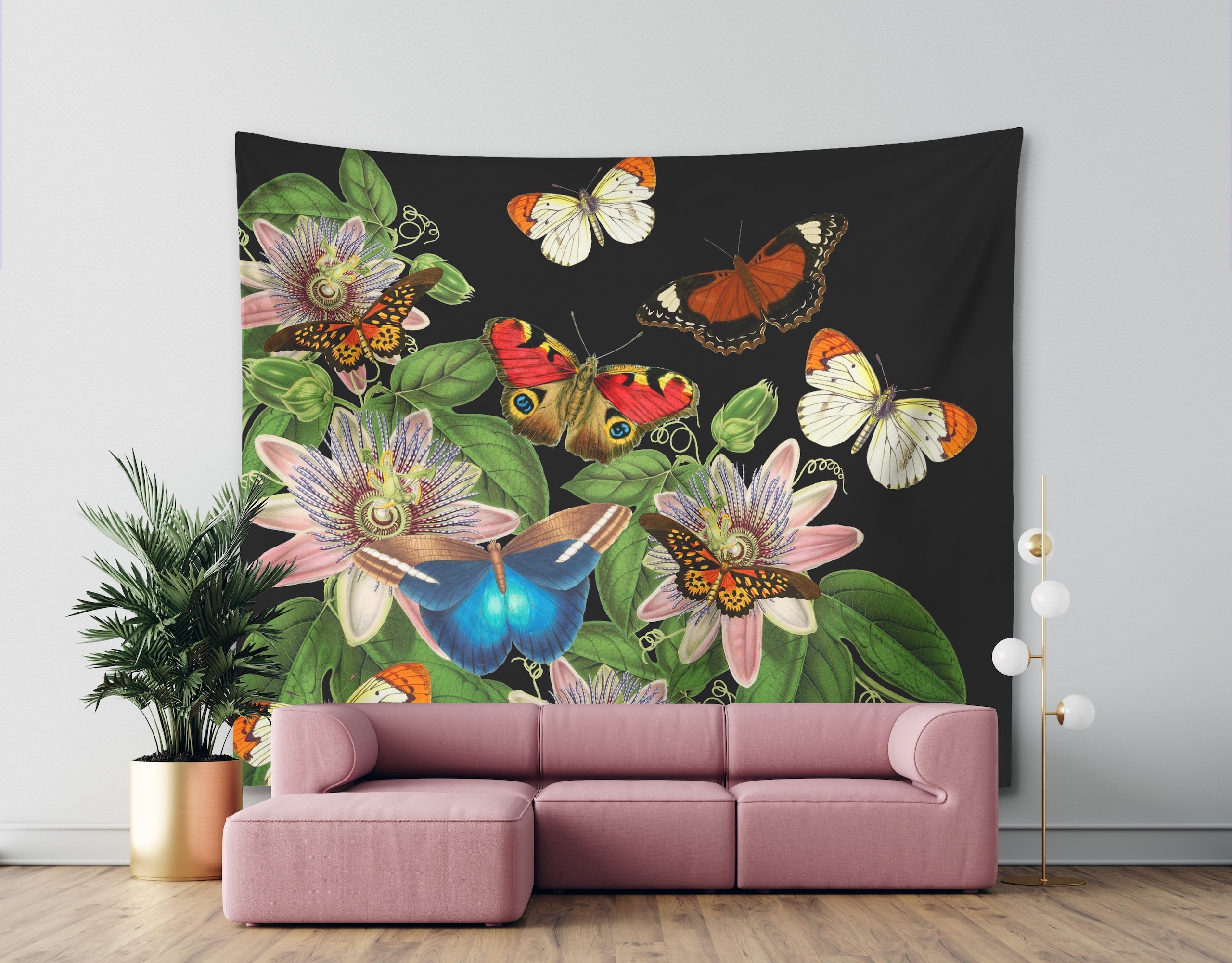 Botanical Butterfly Tapestry Black Floral Wall Hanging Etsy Hong Kong