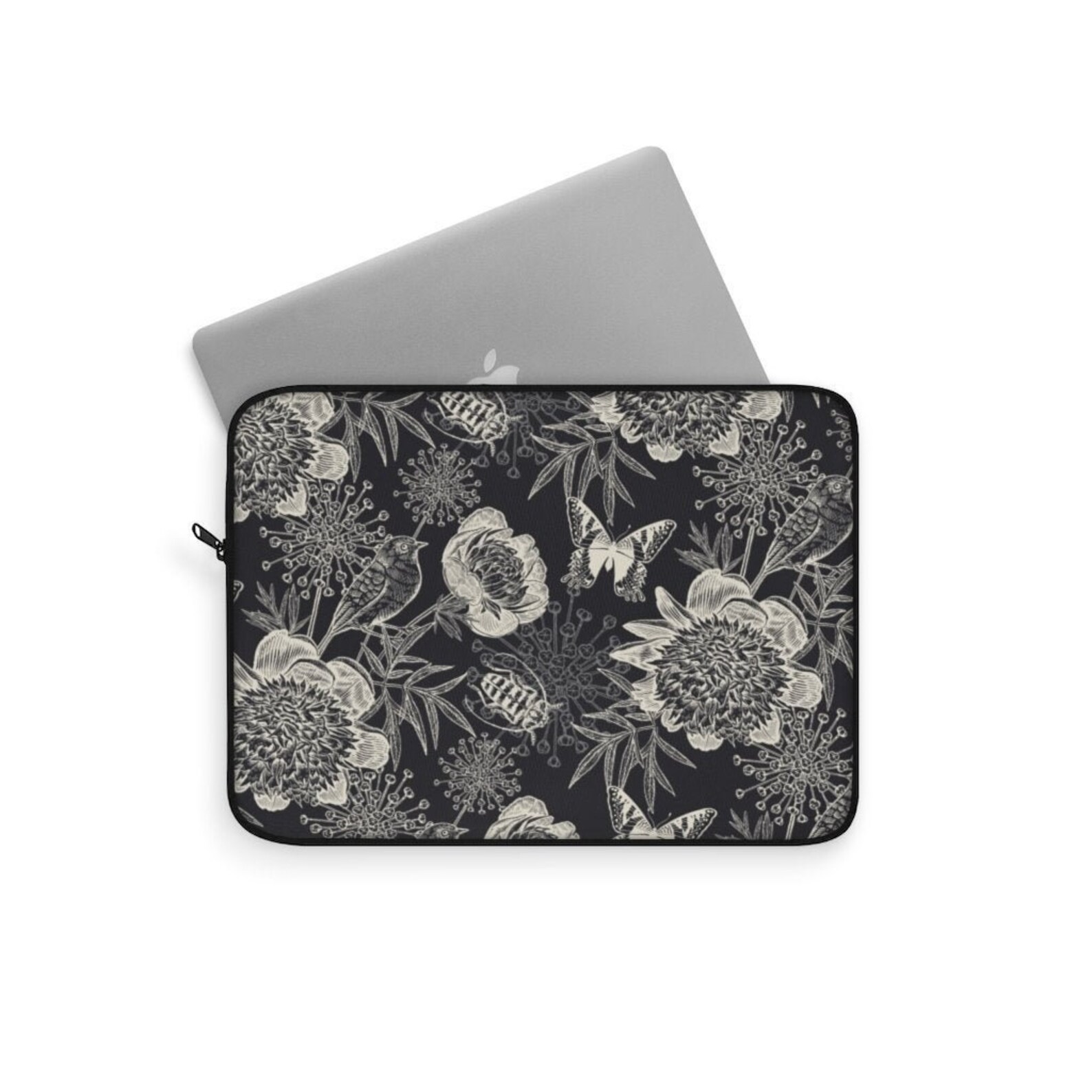 Black Floral Laptop Sleeve Botanical Flowers Art Macbook Etsy
