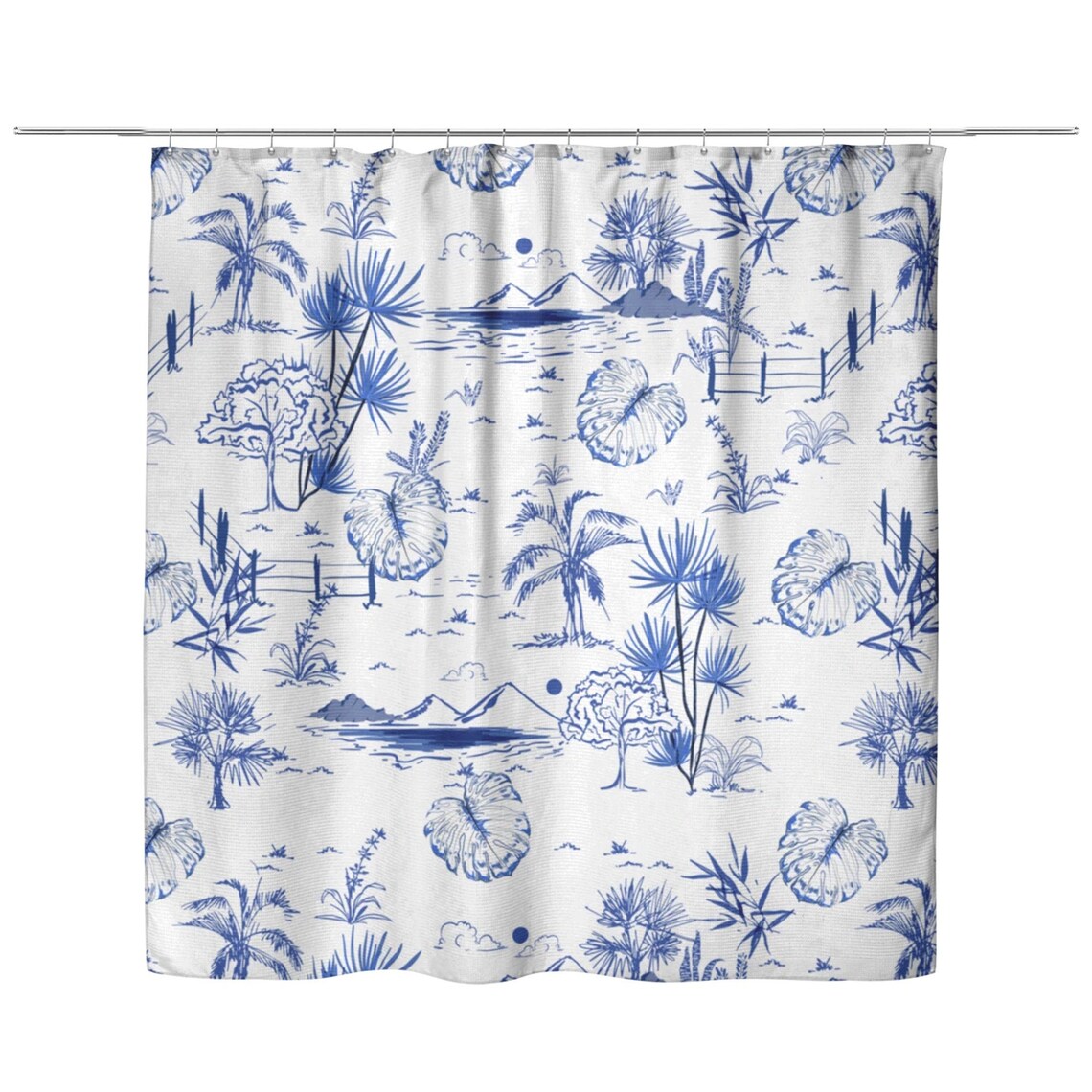 Tropical Vintage Blue Toile Shower Curtain Beach Shower Etsy Ireland