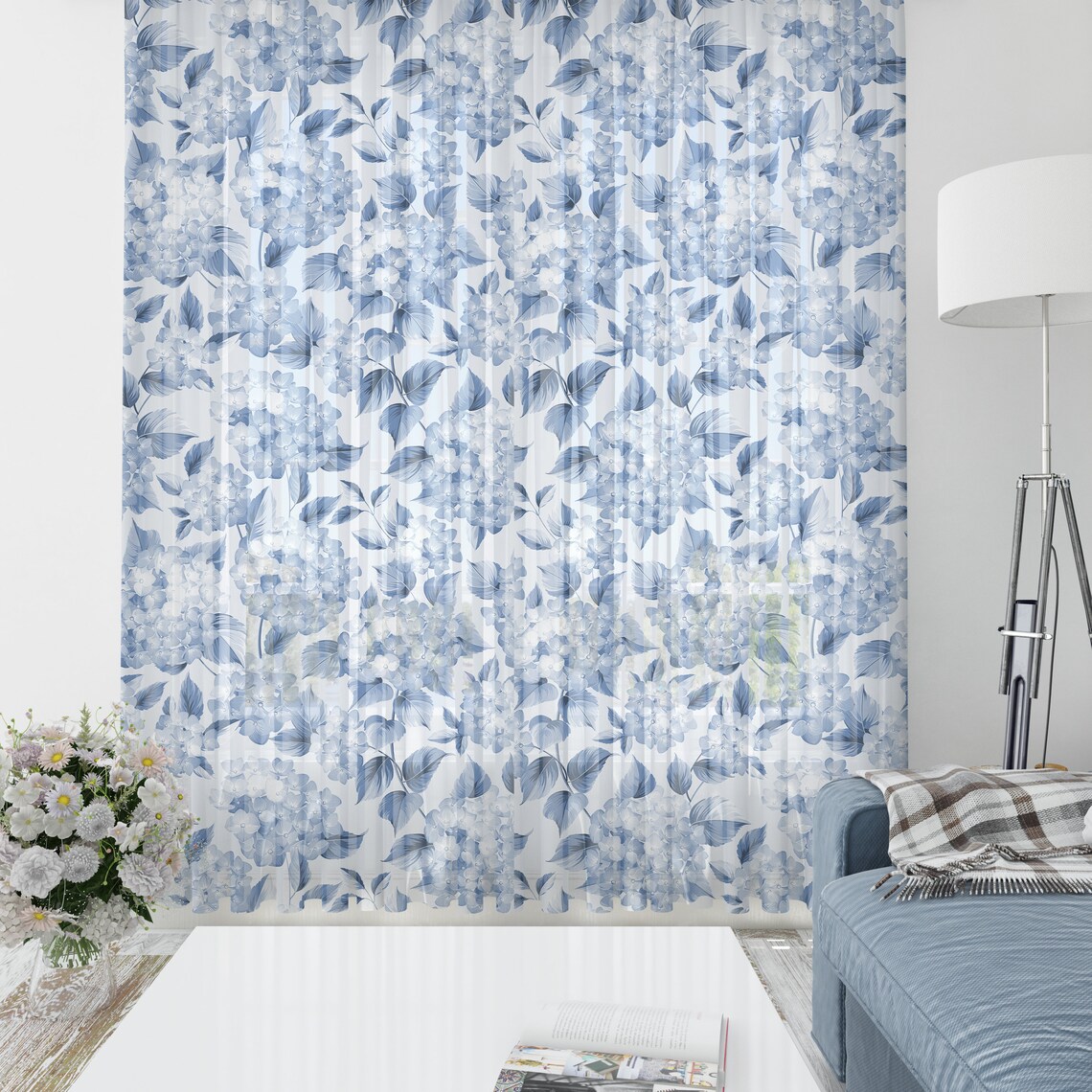 Blue Farmhouse Hydrangea Flower Curtains Vintage Blue Floral Etsy