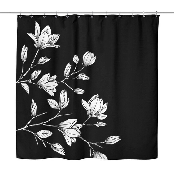 Cherry Blossom Illustration Shower Curtain Black Floral Etsy